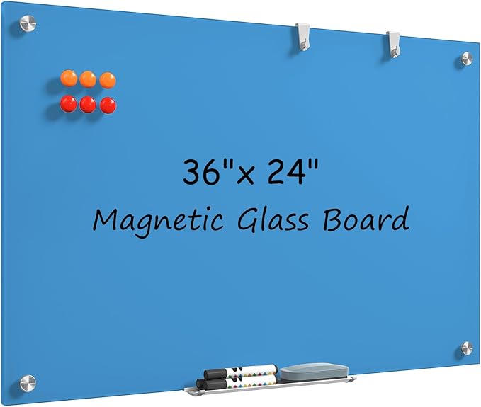 MaxGear Glass Whiteboard, Tempered Magnetic Dry Erase Board Blue, Frameless by MaxGear