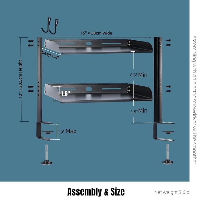 Yuxh Clamp On Desk Shelf 2 Tier Cilp Under Table Organizer, 15 inch - Image 2