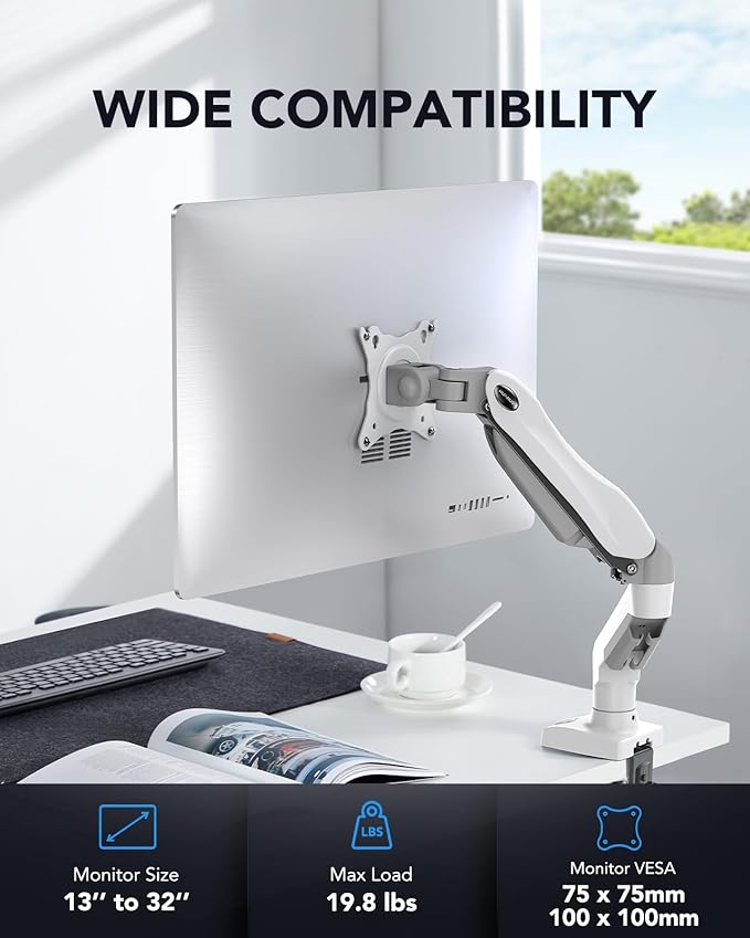 HUANUO Single Monitor Mount, 13 to 32 Inch Gas Spring Monitor Arm, Adjustable - Image 2