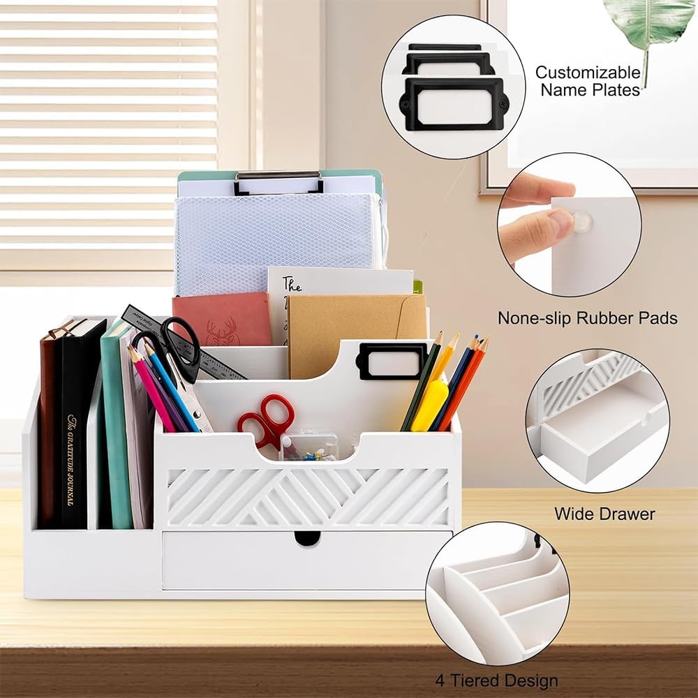 Wood Mail Organizer Countertop, 6 Compartments with Drawer, White