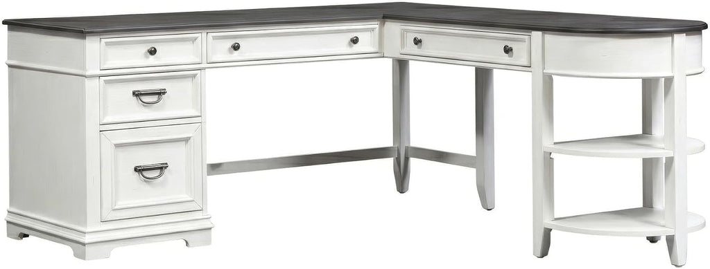 Liberty Furniture Allyson Park Opt L Shaped Desk Set with Locking File Drawer Cottage Home Office Storage - Wirebrushed White, Charcoal Tops Oak Wood