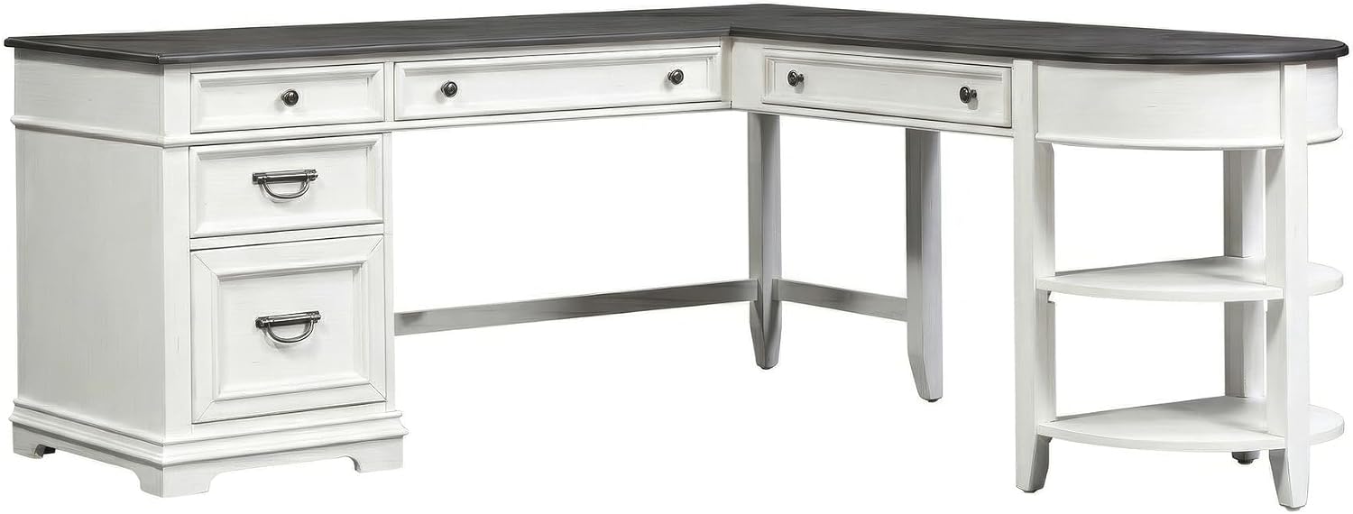 Liberty Furniture Allyson Park Opt L Shaped Desk Set with Locking File Drawer Cottage Home Office Storage - Wirebrushed White, Charcoal Tops Oak Wood