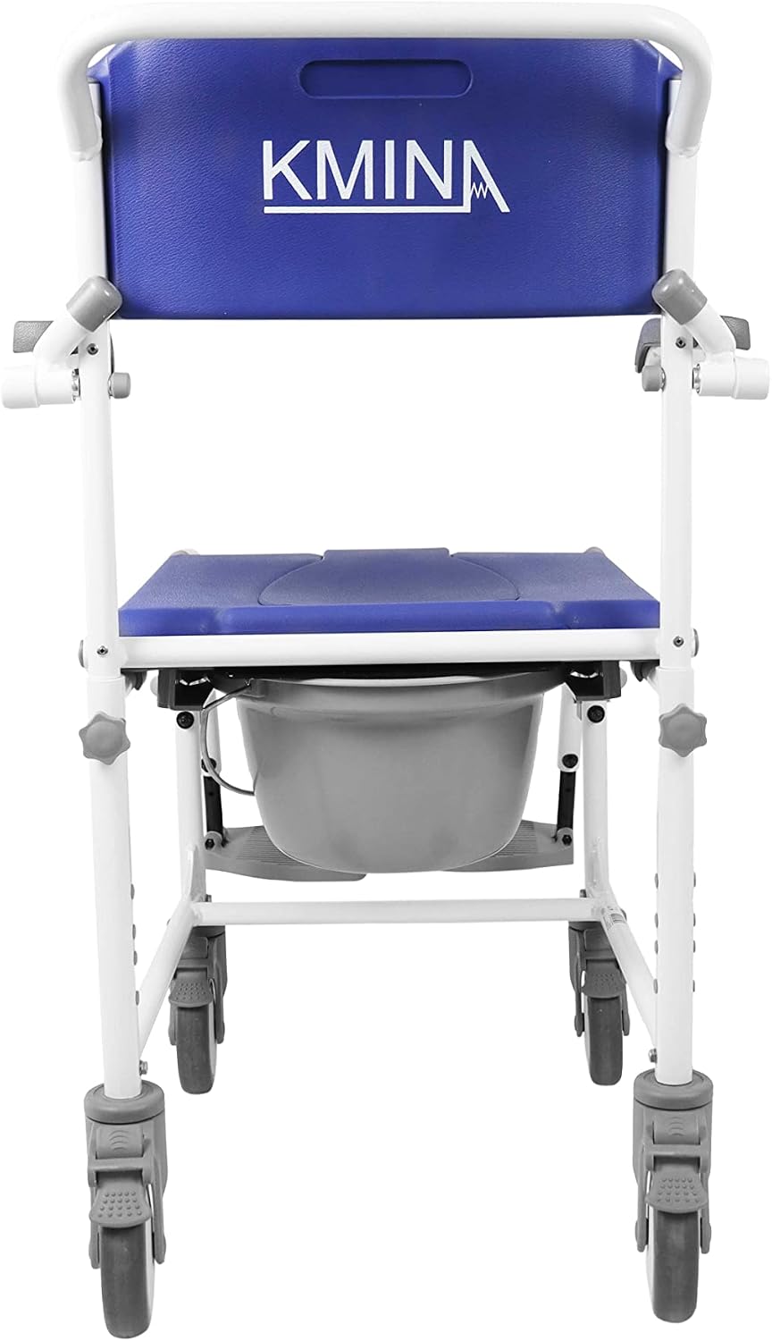KMINA Rolling Shower Chair with Wheels and Brakes, Commode Toilet, Blue