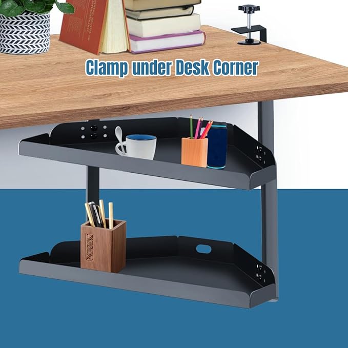 Yuxh Clamp On Desk Corner Shelf 2 Tier Cilp Under Table Corner Organizer - Image 6