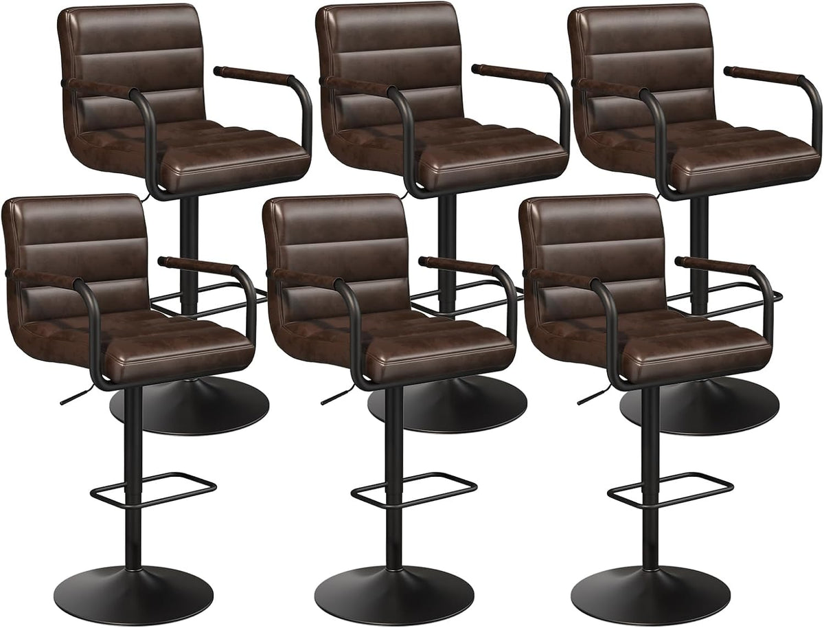 Adjustable PU Leather Swivel Bar Stools Set of 6 with Armrests
