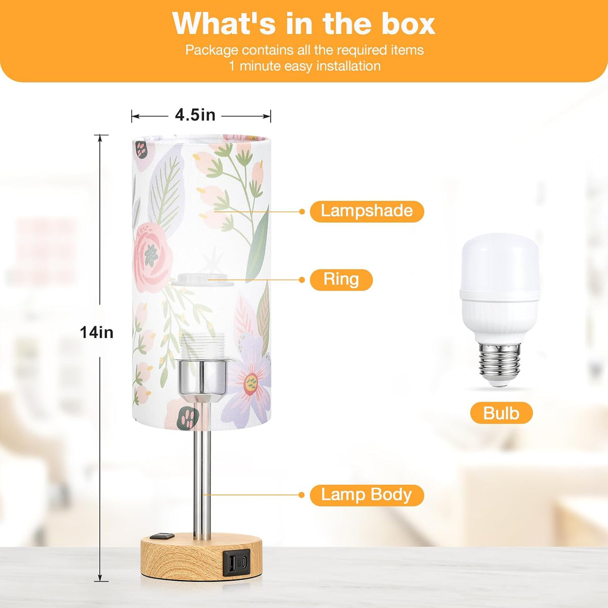 Fenmzee Floral Bedside Lamp for Bedroom, Dimmable Touch, USB A+C, AC Outlet
