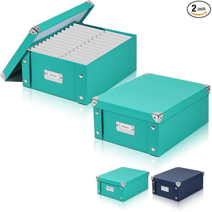 2 Pcs Checks Storage Box with Lid Document Boxes Banker Boxes Lake Green by DLUGOPIS