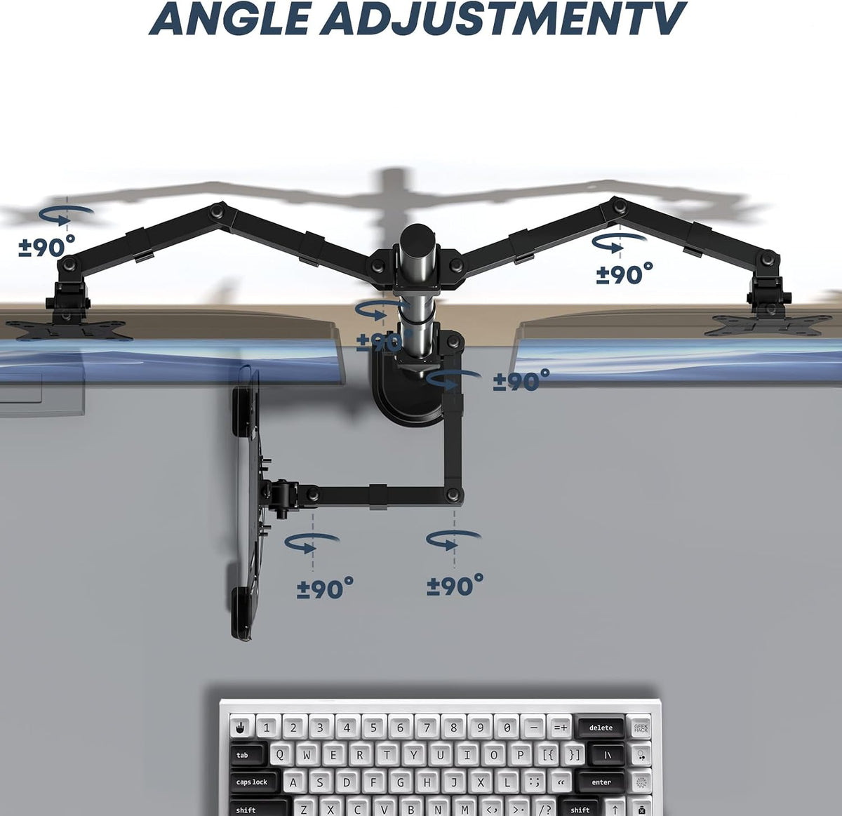 dual monitor stand and laptop mount, fits 32", side view