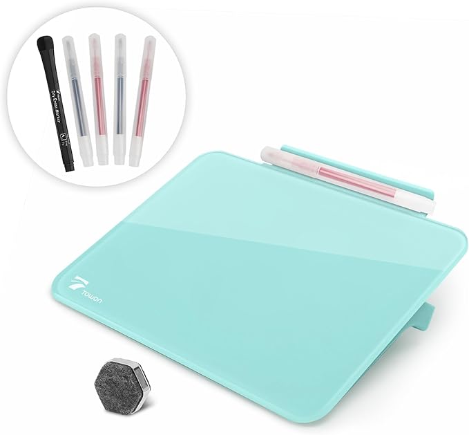 Aqua Blue Mini Desktop Pure Glass Whiteboard, Small Slope Slick Desk Whiteboard by TOWON