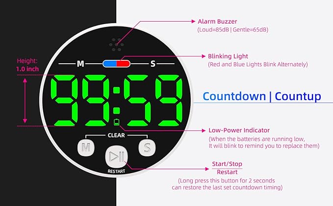 Large LED Digital Timer, Magnetic Countdown Loud Timer - Image 6