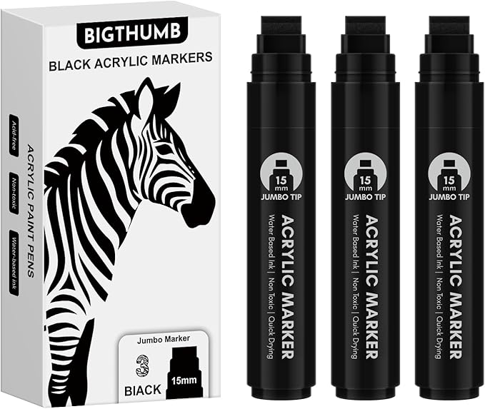 BIGTHUMB 3 Pcs Black Jumbo Permanent Markers: 15mm Wide Tip Thick Acrylic Paint by BIGTHUMB
