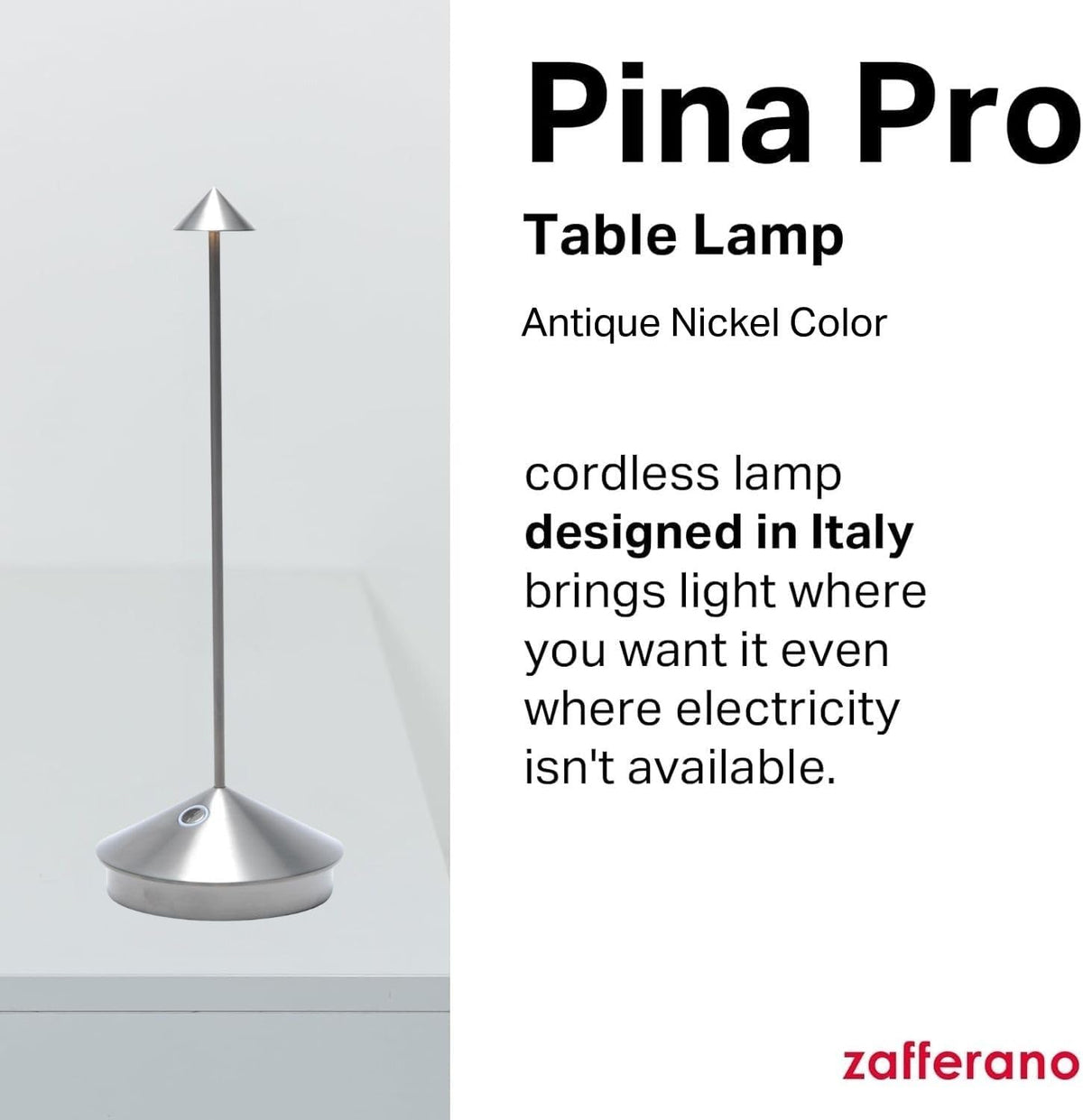Zafferano, Pina Pro, Rechargeable Cordless Lamp, Antique Nickel