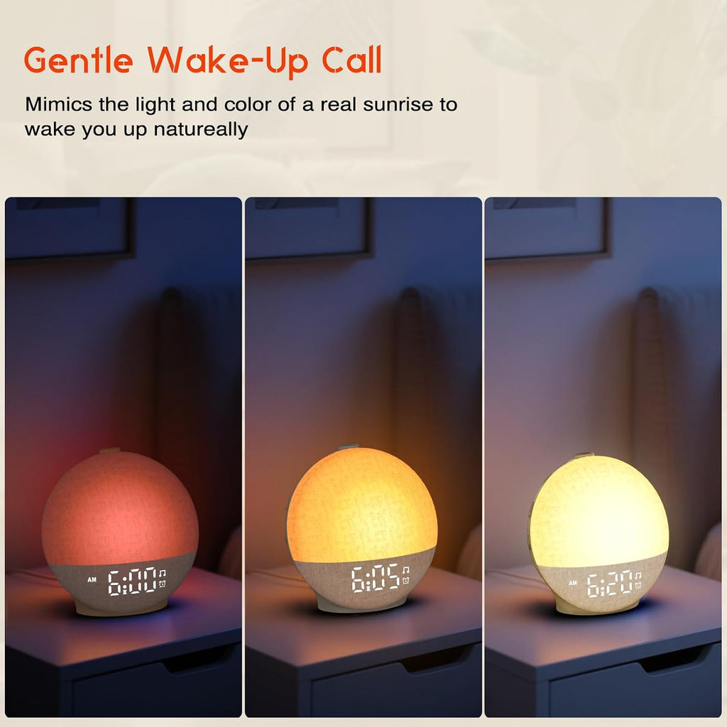 sunrise alarm clock white noise machine, sunset simulation shown in use