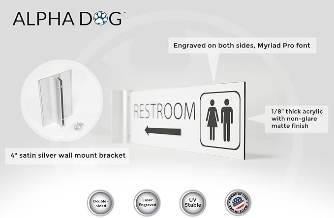 ALPHA DOG SIGNS Corridor Projecting Hallway Bathroom Sign, Left Arrow, - Image 3