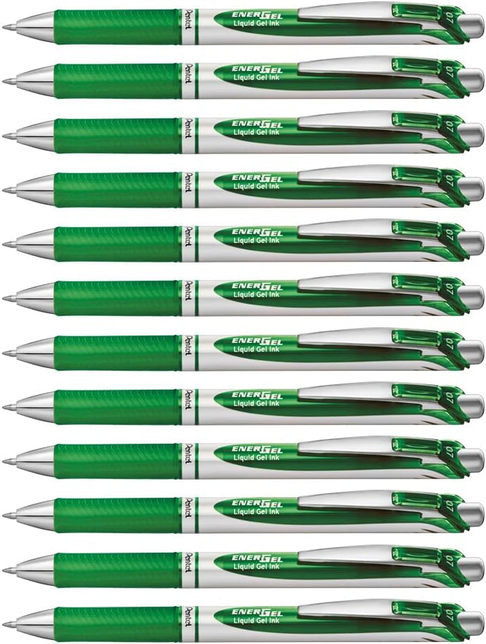 Pentel EnerGel BL77-D Gel-Ink Roller Ball Pen with Push-Button Mechanism 0.35 mm - Green (Pack of 12)