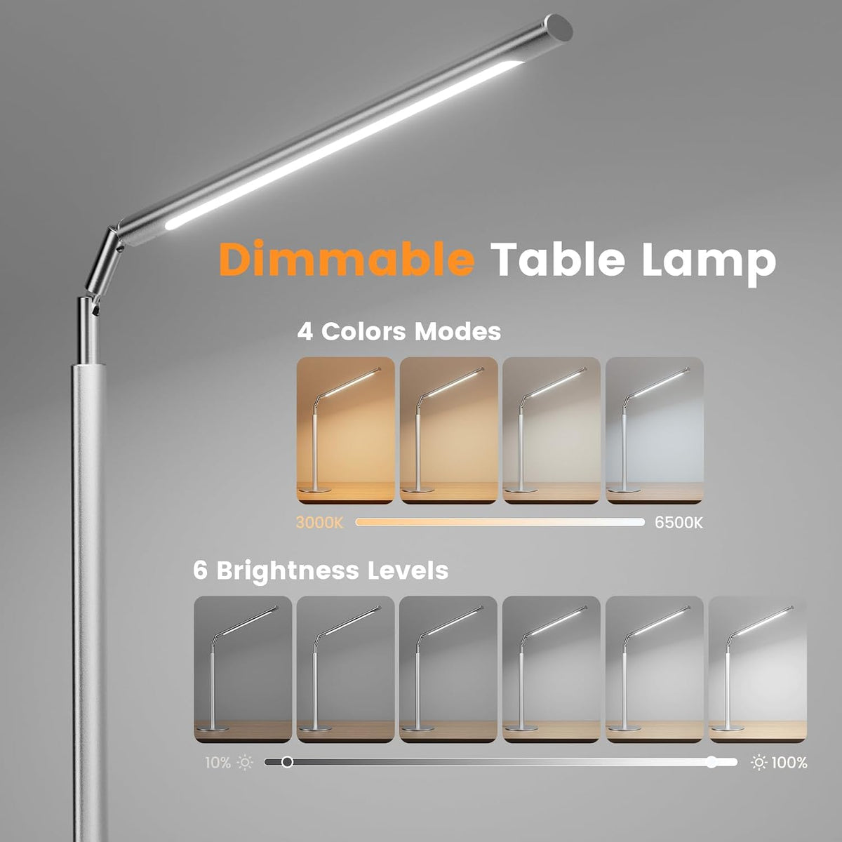 SIBRILLE Silver LED Desk Lamp, 16" Dimmable Metal Desk Light with Base, ...