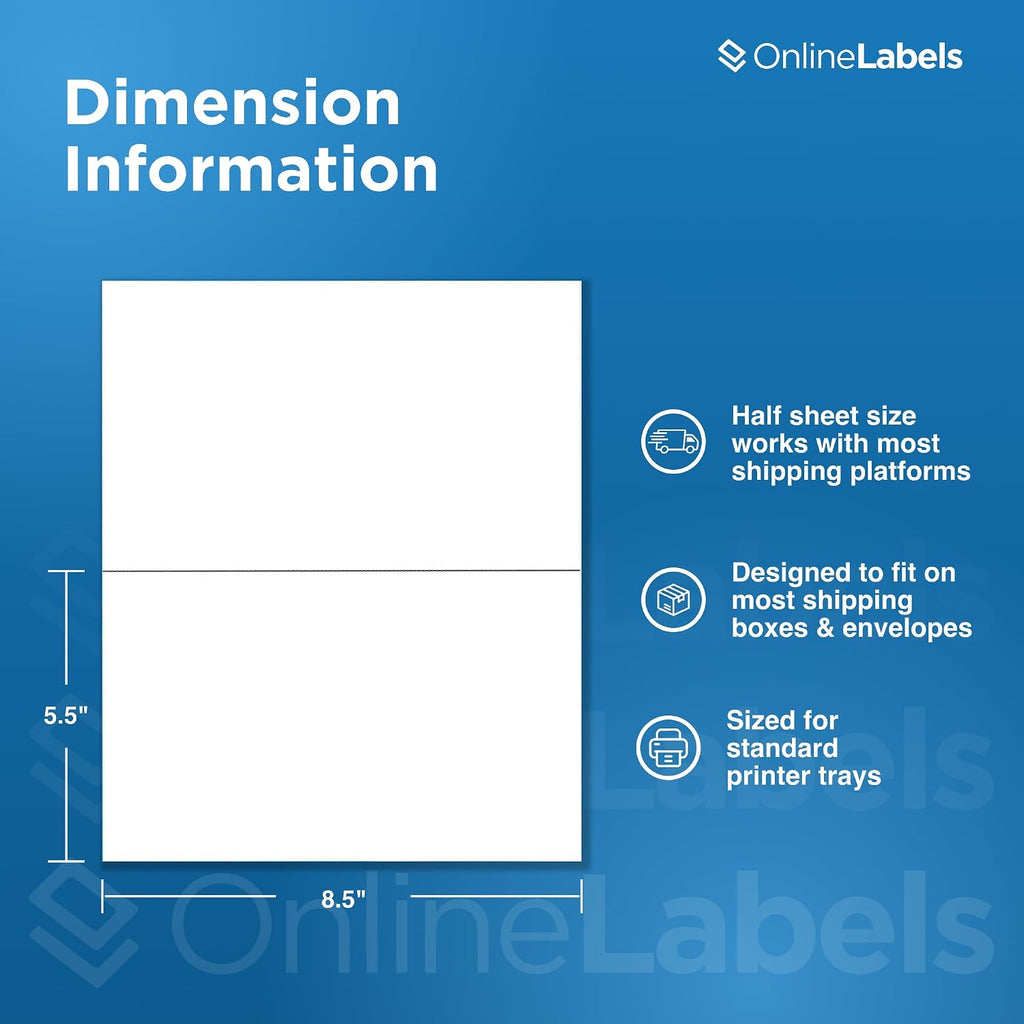 OnlineLabels 8.5" x 5.5" Half-Sheet Shipping Labels - Matte - 500 Sheets | Permanent Adhesive, Blank Rectangle Labels, Inkjet & Laser Compatible, Ideal for FBA, FedEx, USPS, & UPS Shipping