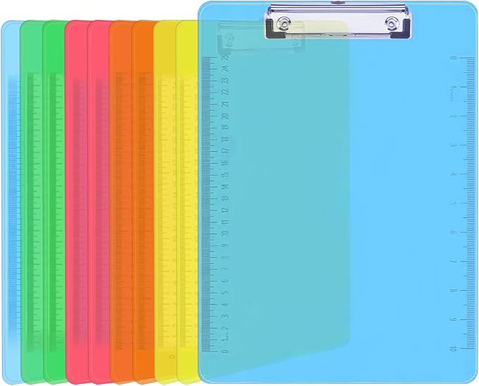 Plastic Clipboards, PANDRI 10 Pack Clear Colored Clipboards, Low Profile Clip by PANDRI