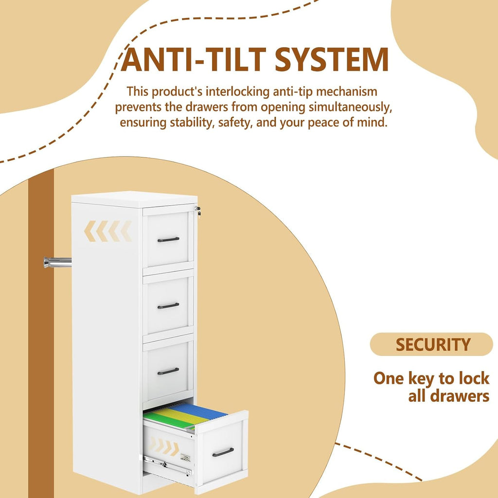 4 drawer metal file cabinet with lock,narrow vertical, front angle view