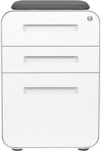 Laura Davidson Furniture STOCKPILE Curve Seated 3-Drawer Mobile File Cabinet with Removable Magnetic Cushion Seat - Metal Filing Cabinet, Pre-Assembled, White with Dark Grey Cushion