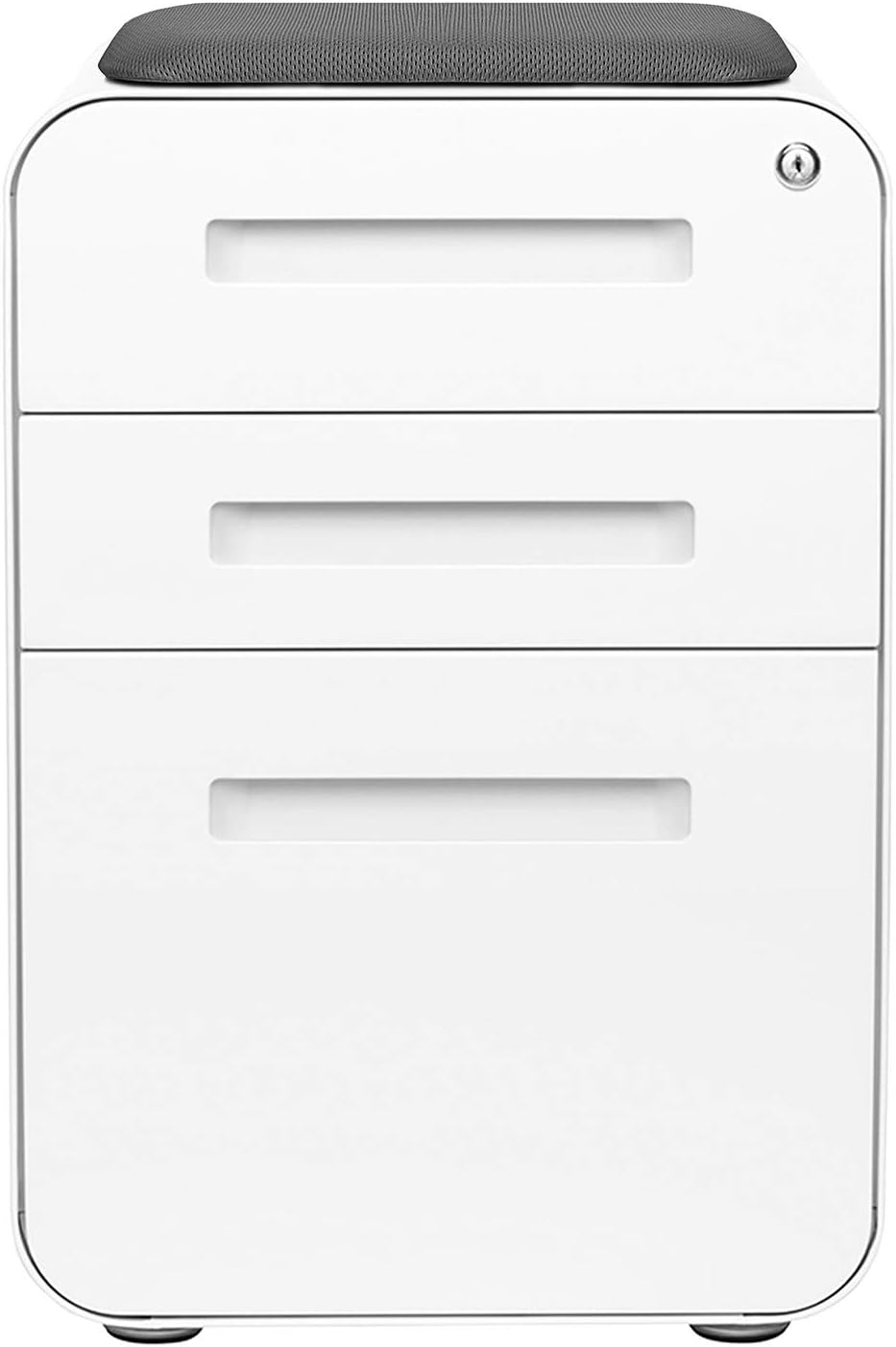 Laura Davidson Furniture STOCKPILE Curve Seated 3-Drawer Mobile File Cabinet with Removable Magnetic Cushion Seat - Metal Filing Cabinet, Pre-Assembled, White with Dark Grey Cushion