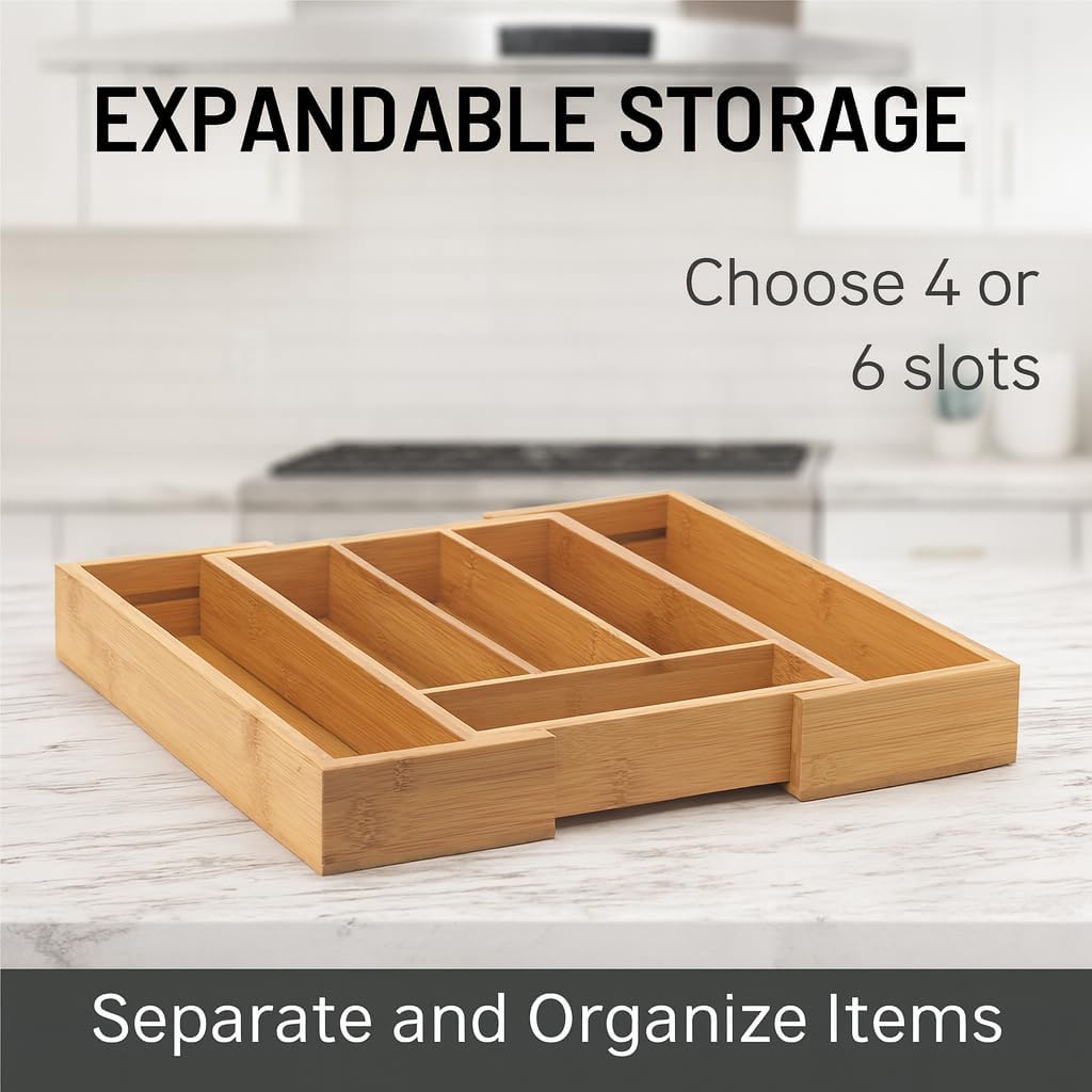 HIC Kitchen Expandable 6-Slot Silverware Cutlery Utensil Storage Tray, Natura...