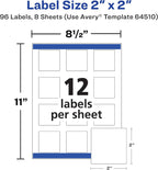 Avery® Durable Waterproof Square Labels, Sure Feed® Technology, 2" x 2", White, Laser & Pigment-Inkjet Compatible, 96 Blank Labels Total, Great for Branding, Packaging, and More (64510)