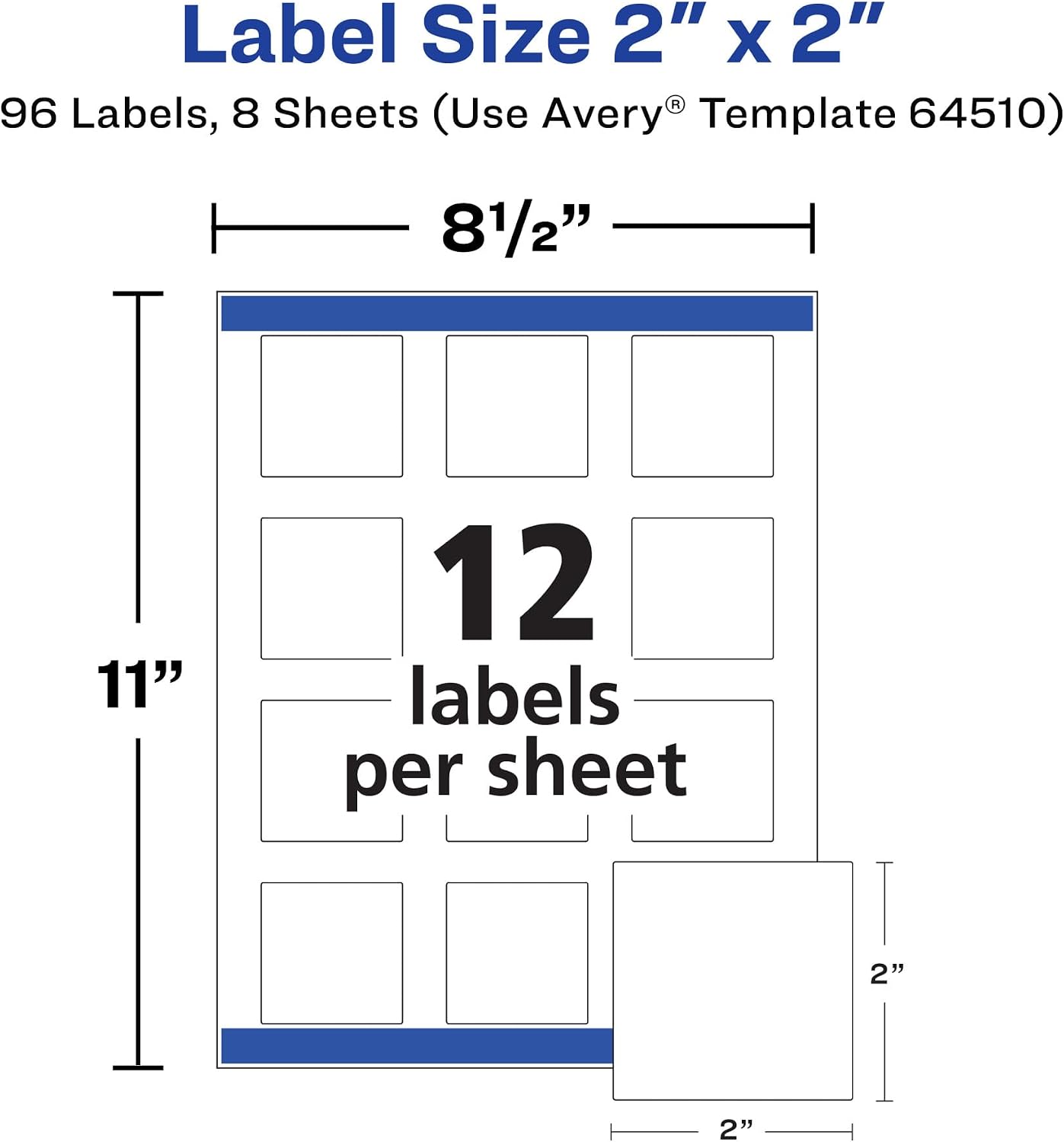 Avery® Durable Waterproof Square Labels, Sure Feed® Technology, 2" x 2", White, Laser & Pigment-Inkjet Compatible, 96 Blank Labels Total, Great for Branding, Packaging, and More (64510)