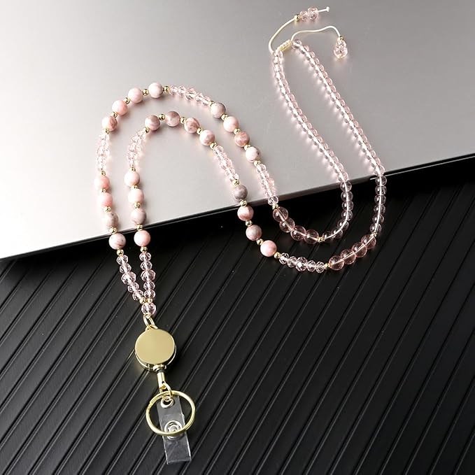 AIDSOTOU Lanyards for ID Badges and Keys, Natural Stone Beaded Teacher Lanyard - Image 4