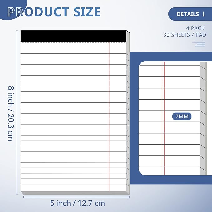 Nichela 5" x 8" Note Pads 4 Pack of Legal Pads 21lb Notepad College Ruled Legal - Image 2