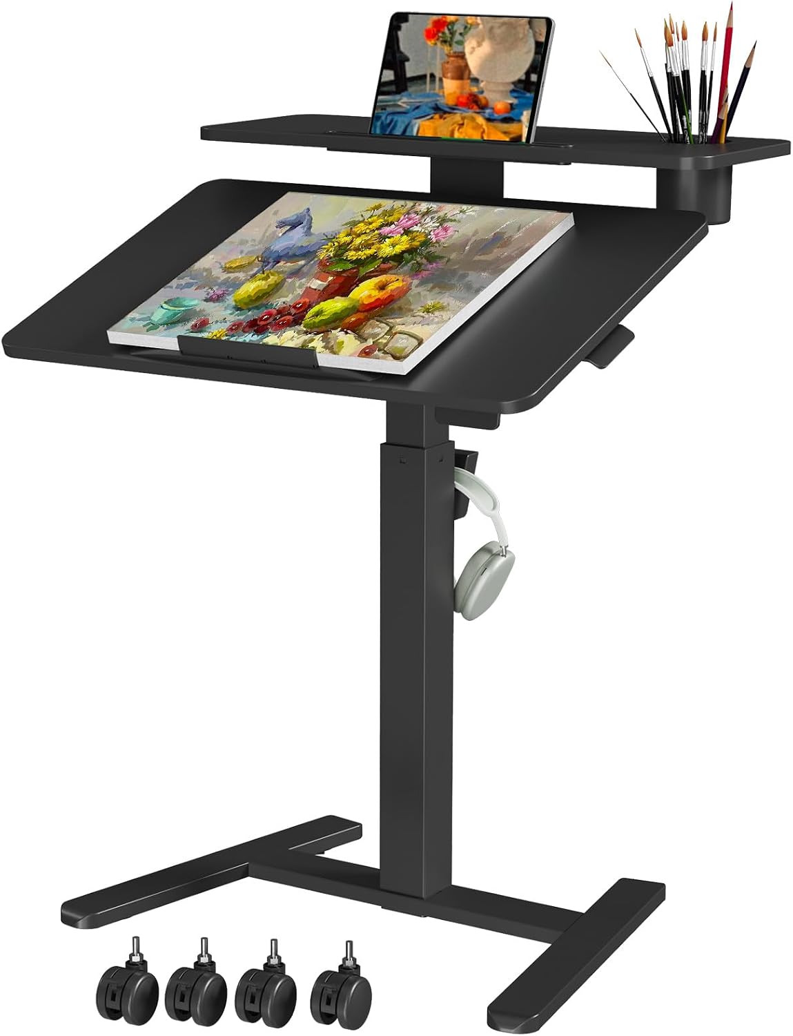 28" Mobile Standing Desk, Tiltable Top with 2-Tier Shelves, Black