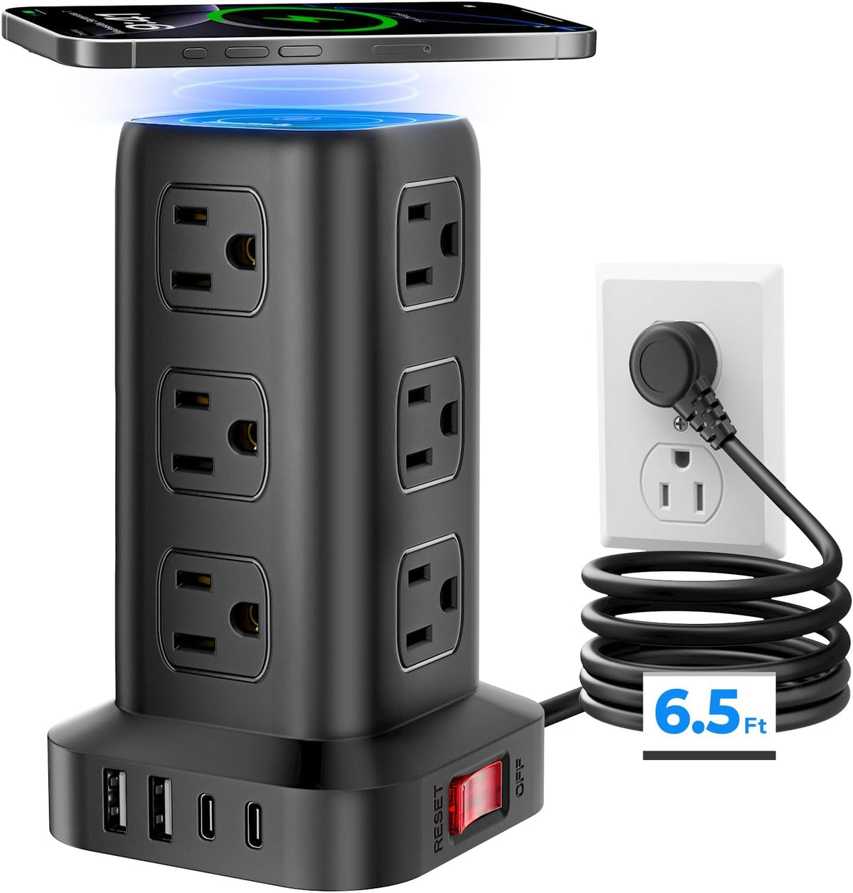 Power Strip with 12 Outlets 4 USB (1 USB C), 6.5Feet Extension Cord with Mult...