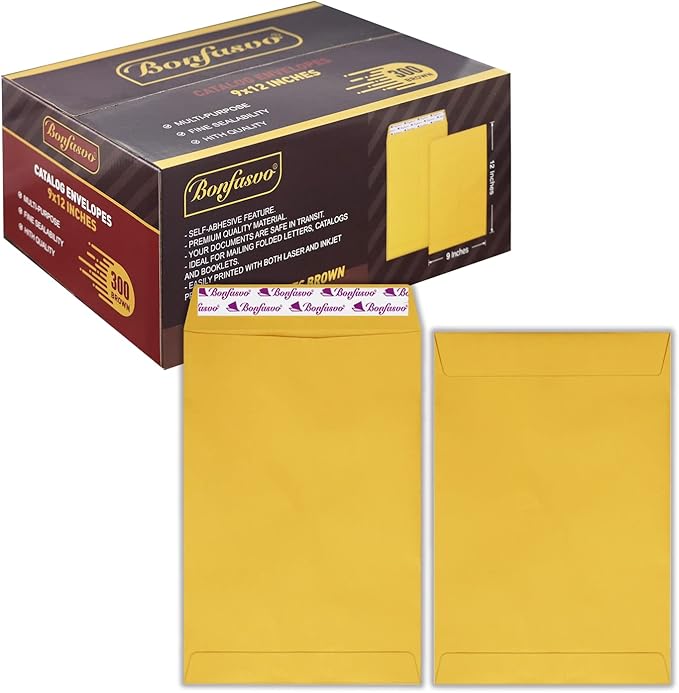 Bonfasvo 300 Pack 9x12 Brown Catalog Envelopes Peel & Seal Security Mailing by Bonfasvo