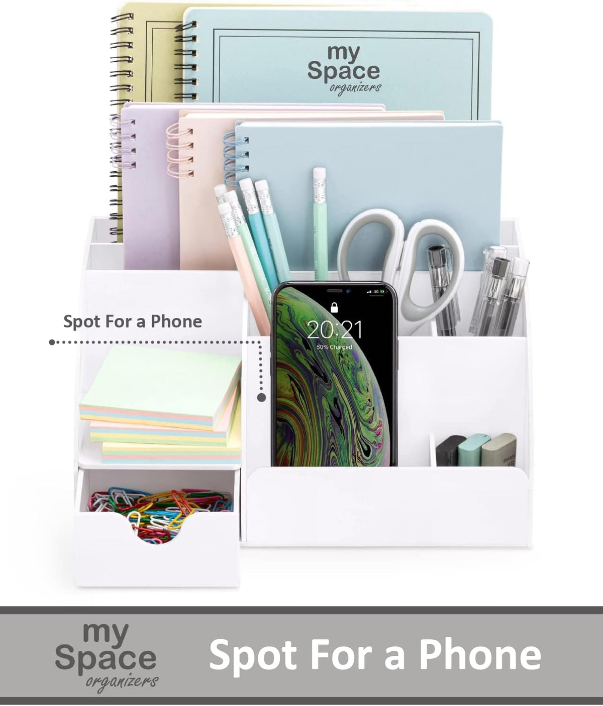 white desktop organizer - 9 compartment office desk shown in use