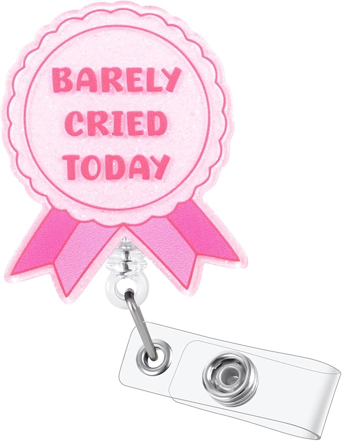 Barely Cried Today Funny Nurse Badge Reel, Cute Pink Ribbon Retractable ID Card by LINAYOHA