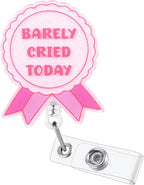 Barely Cried Today Funny Nurse Badge Reel, Cute Pink Ribbon Retractable ID Card by LINAYOHA