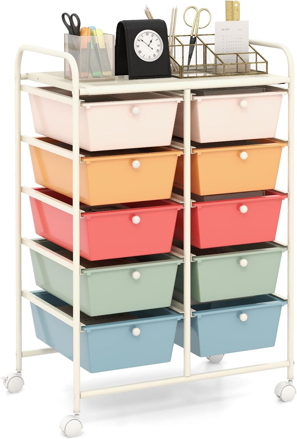 HAPPYGRILL 10-Drawer Rolling Storage Cart, Storage Organizer Cart
