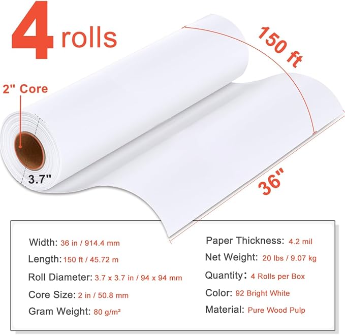 Plotter Paper 36" x 150', Engineering Drawings, Custom-Sized Prints (4 Rolls） - Image 2