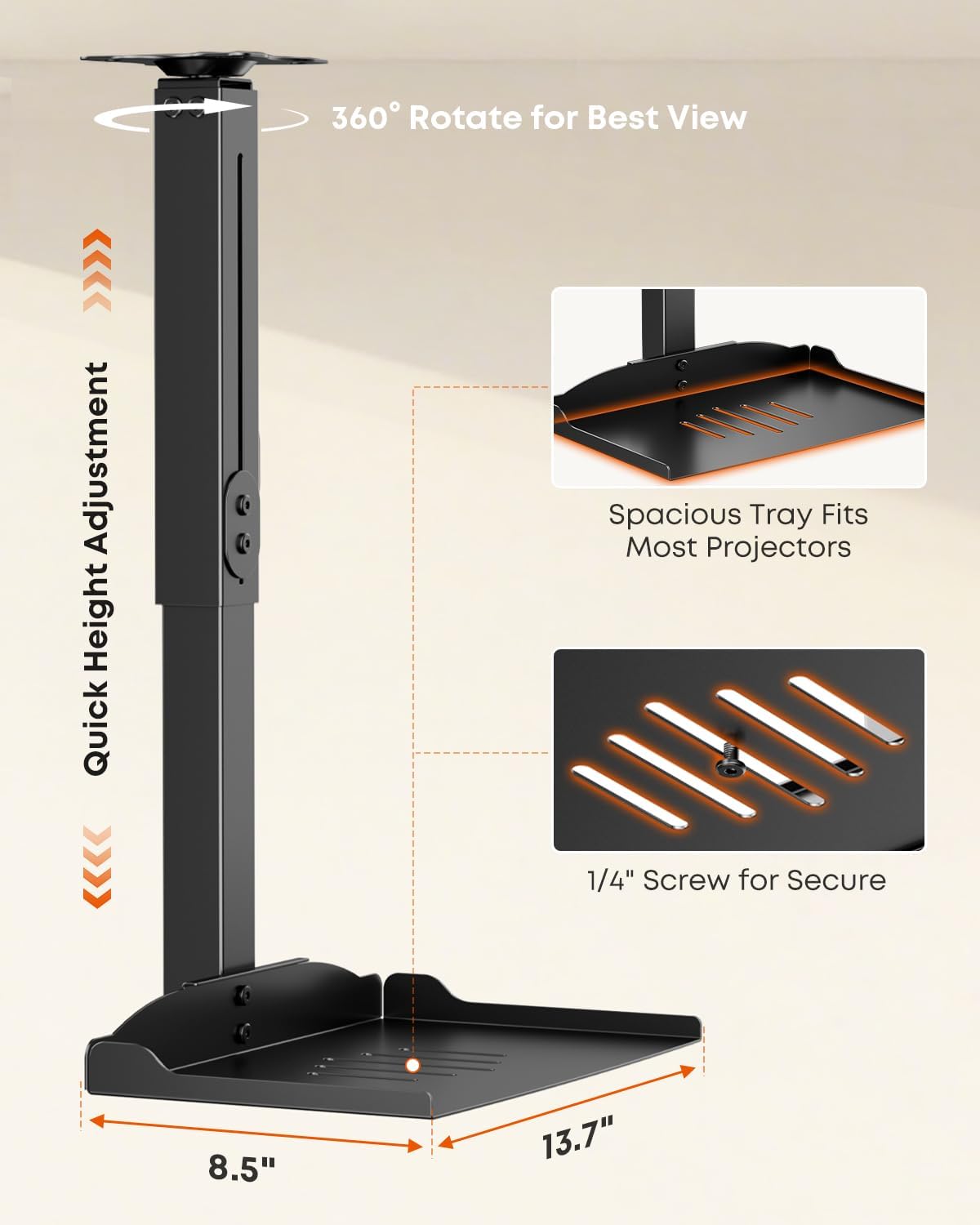 PUTORSEN Universal Projector Ceiling Mount with Tray & 360° Swivel Arm
