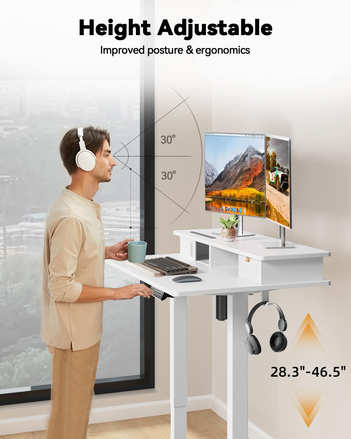 JOY worker 35" Small Electric Standing Desk with Monitor Stand & Sto...
