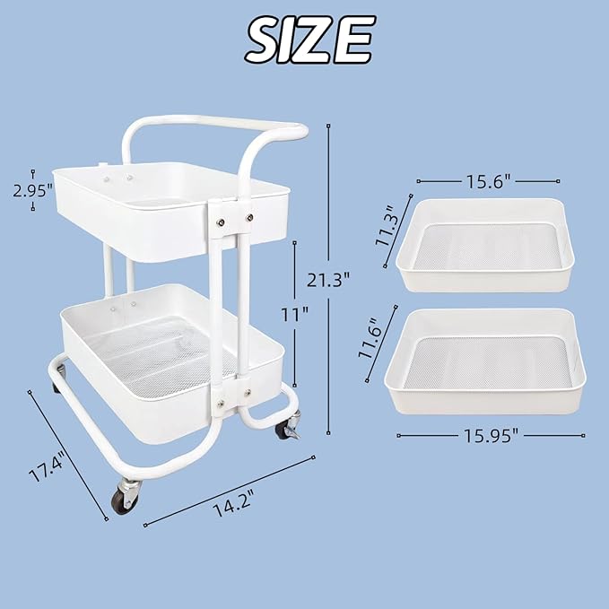Ufriandz 2 Tier Cart with Wheels Under Desk Storage with Handle, Metal Rolling - Image 4