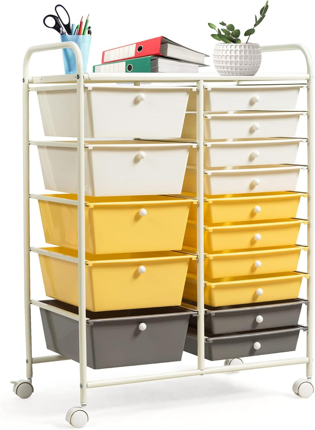 COSTWAY 15 Drawer Rolling Storage Cart, Utility Tools Paper Organizer on Wheels