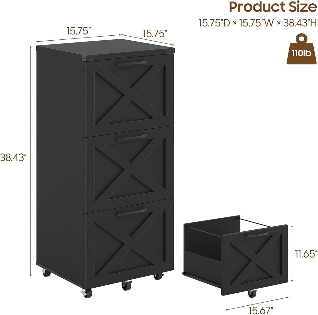 3 drawers tall farmhouse file cabinet with wheels, close-up detail