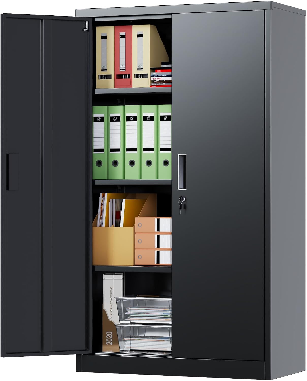 55-Inch Lockable Metal Storage Cabinet with 3 Shelves, Black | 15.75"D x 31.50"W x 55.12"H; 3 adjustable shelves, 120 lb each; lock with 2 keys; assembly required.
