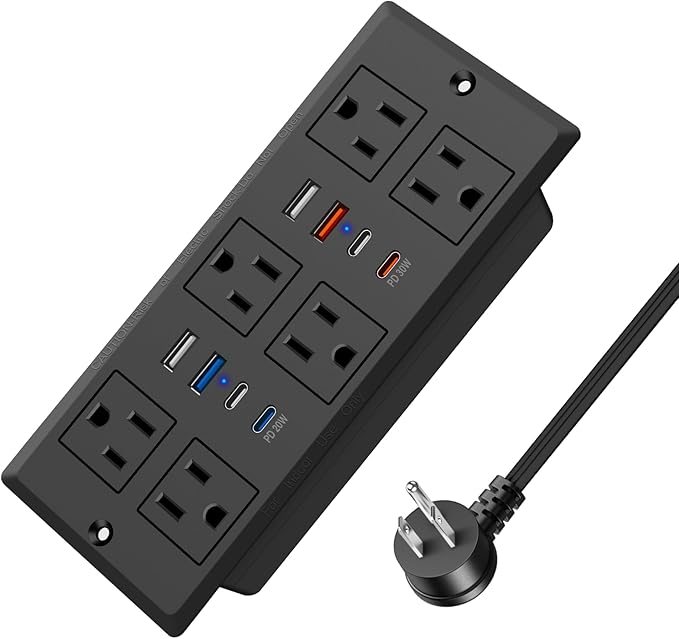 30W Recessed Power Strip USB C, Desk Flush Mount Outlet Plug in 6 AC & 8 USB by HEZI