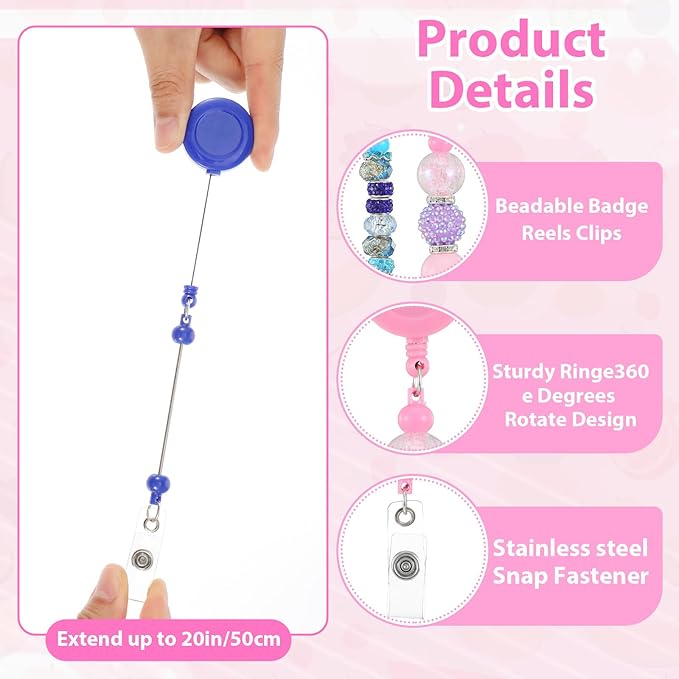 50 Pcs Colorful Beadable Badge Reel, Retractable Clips Holder Beaded Blank Bars - Image 3