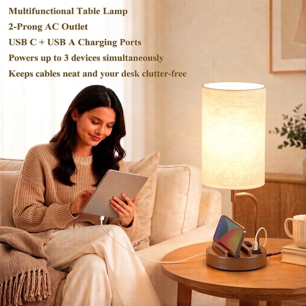 Dreamholder Touch Control USB Table Lamp with USB C/A & AC Outlet, 3-Way ...