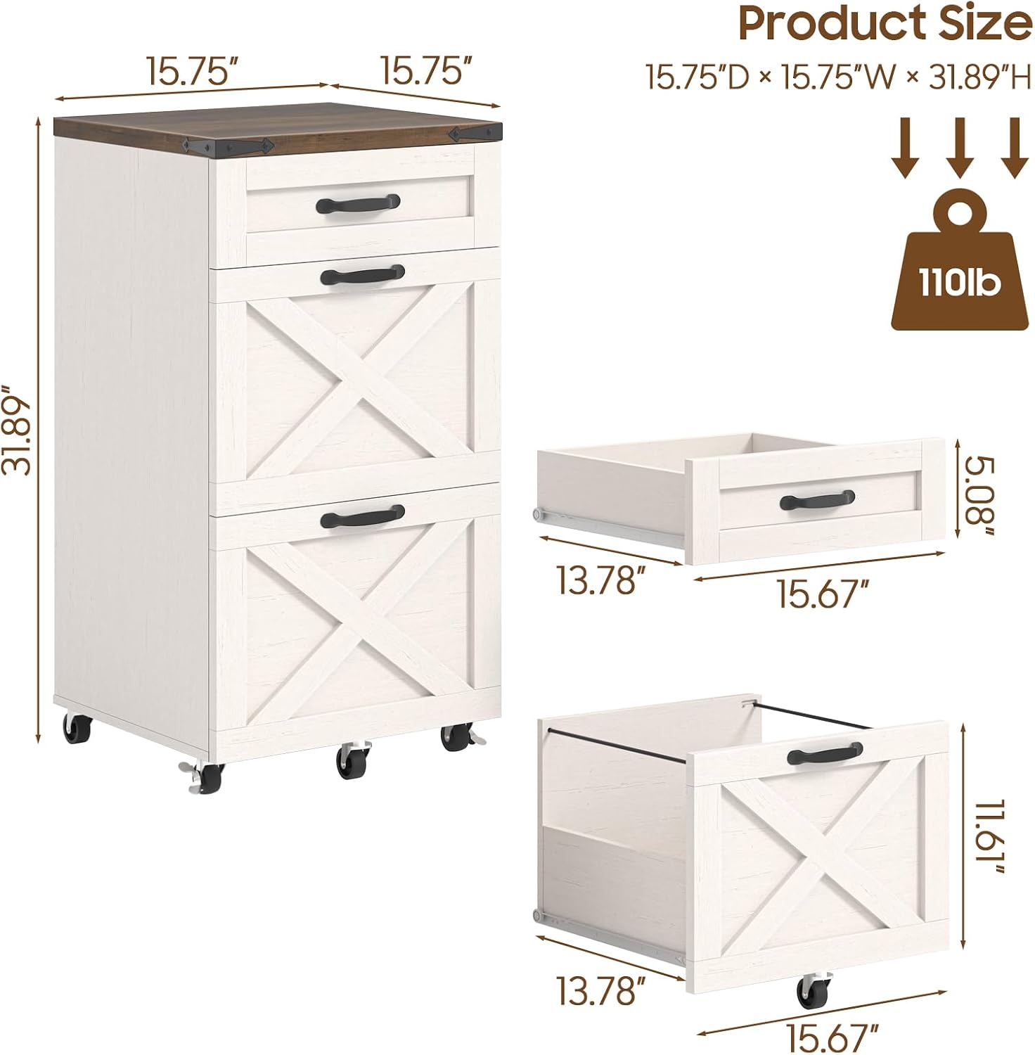 3 Drawers Farmhouse File Cabinet with Wheels for Home Office, Rustic White | Halitaa Vertical Filing Cabinet Fits Letter/A4 Size, Rolling File Cabinet Wooden Printer Stand for Home Office