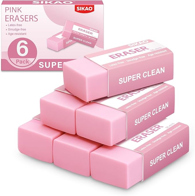 SIKAO Pink Erasers, 6 Pack Block Pencil Erasers – Smudge-Free Latex-Free Cute by Sikao