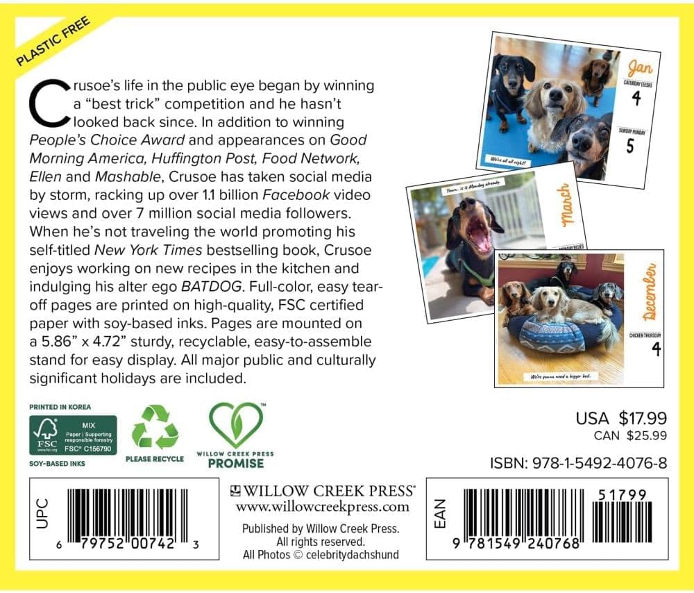 Willow Creek Press, Crusoe the Celebrity Dachshund 2025 Desk Calendar